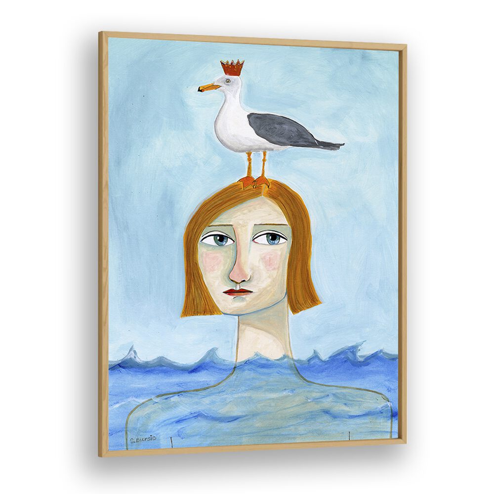 nude lady in ocean with seagull women illustration paintings in Oak Wood Plain Frame