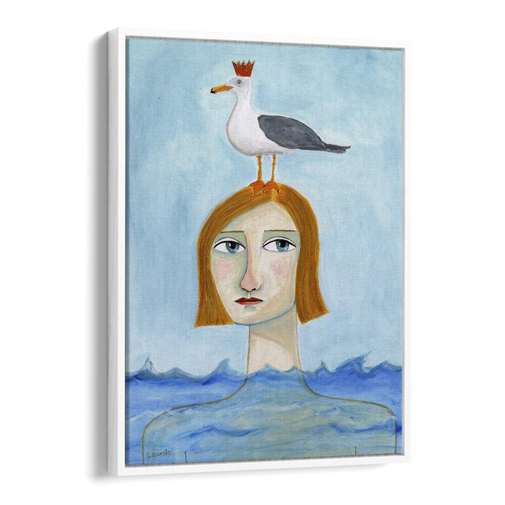 nude lady in ocean with seagull women illustration paintings in White Floater Frame