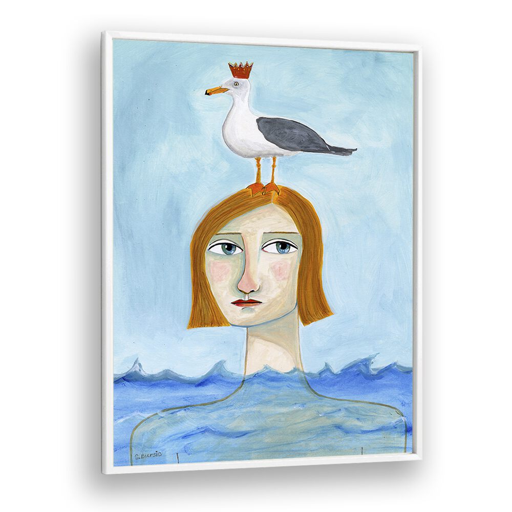 nude lady in ocean with seagull women illustration paintings in White Plain Frame