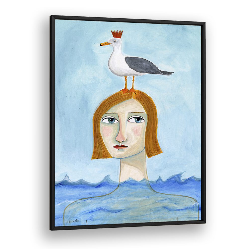 Vintage painting - NUDE LADY IN nude lady in ocean with seagull women illustration paintings in White Plain Frame