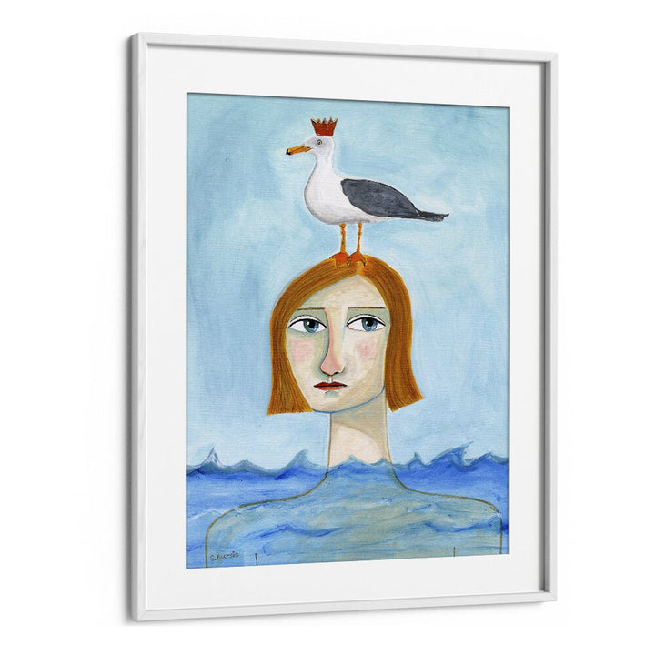 nude lady in ocean with seagullwomen illustration paintings in White Frame With Mount