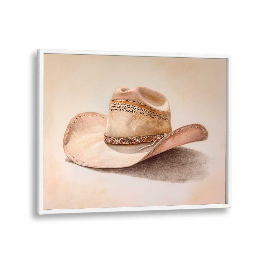 a beige hat III electric wall art prints in White Plain Frame