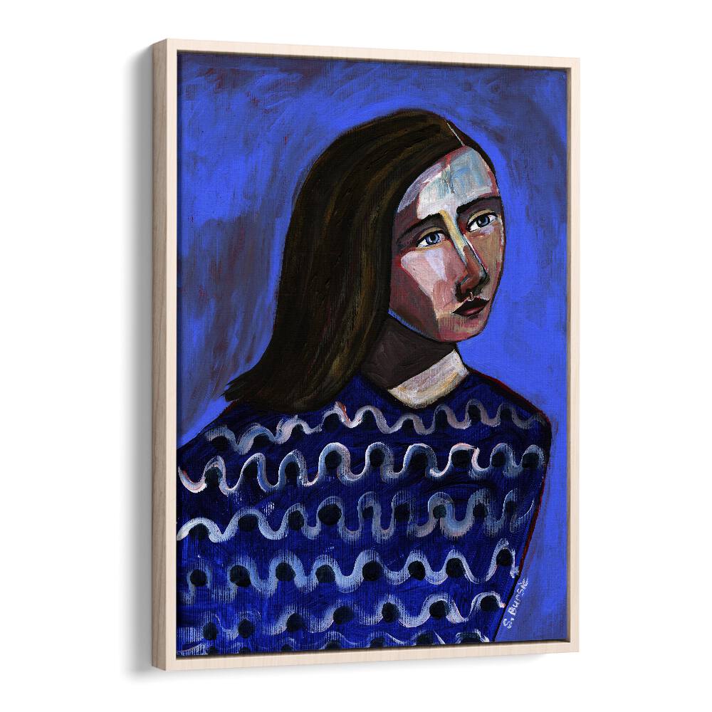 Vintage painting - WOMAN IN BLUE SWEATER NAIVE PORTRAIT FIGURATIVE II by Asianmonk