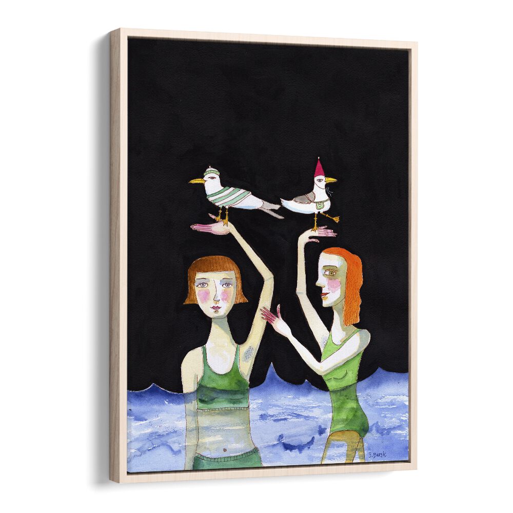 Artistic depiction of BEST FRIENDS SWIMMING WITH BIRDS, showcasing two friends with seagulls on their heads by Sharyn Bursic.