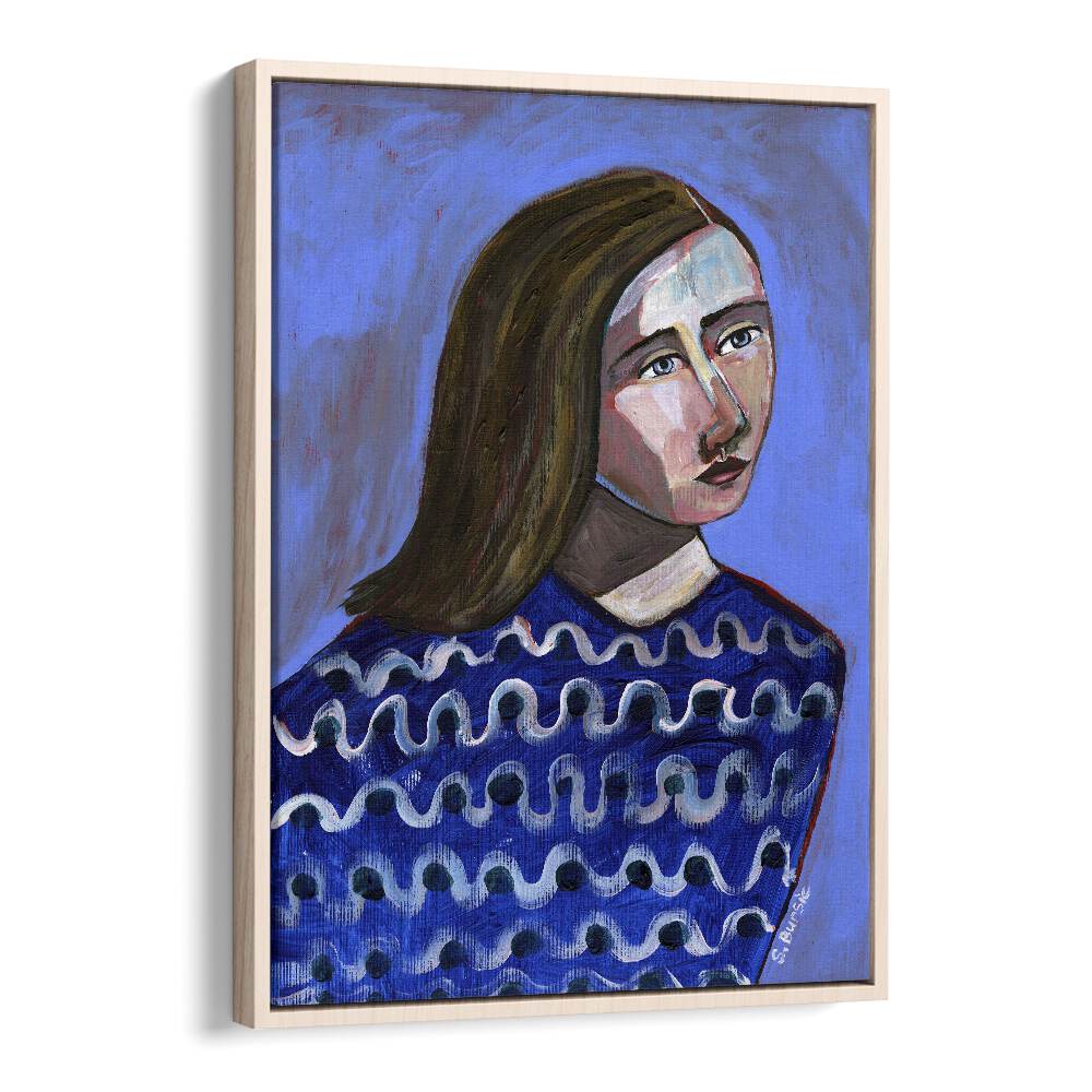 Vintage painting - WOMAN IN BLUE SWEATER NAIVE PORTRAIT FIGURATIVE by Asianmonk