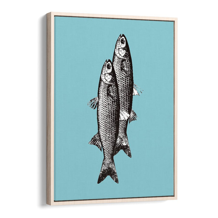 Two Fishes kitchen poster featuring a vintage design on a vibrant blue background, perfect for any culinary space.
