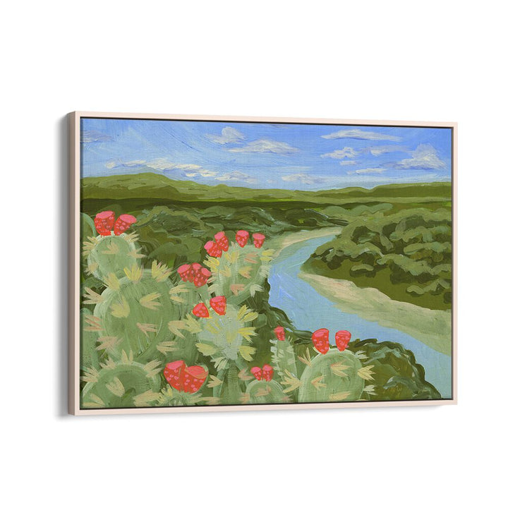 Vibrant AUSTIN HILL, LANDSCAPE PAINTINGS featuring cacti and serene river views, perfect for enhancing any space.