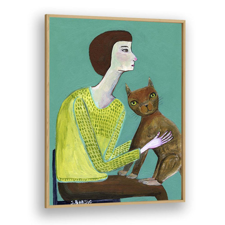 Vintage painting - LADY SITTING WITH BROWN CAT CAT LOVER by Asianmonk