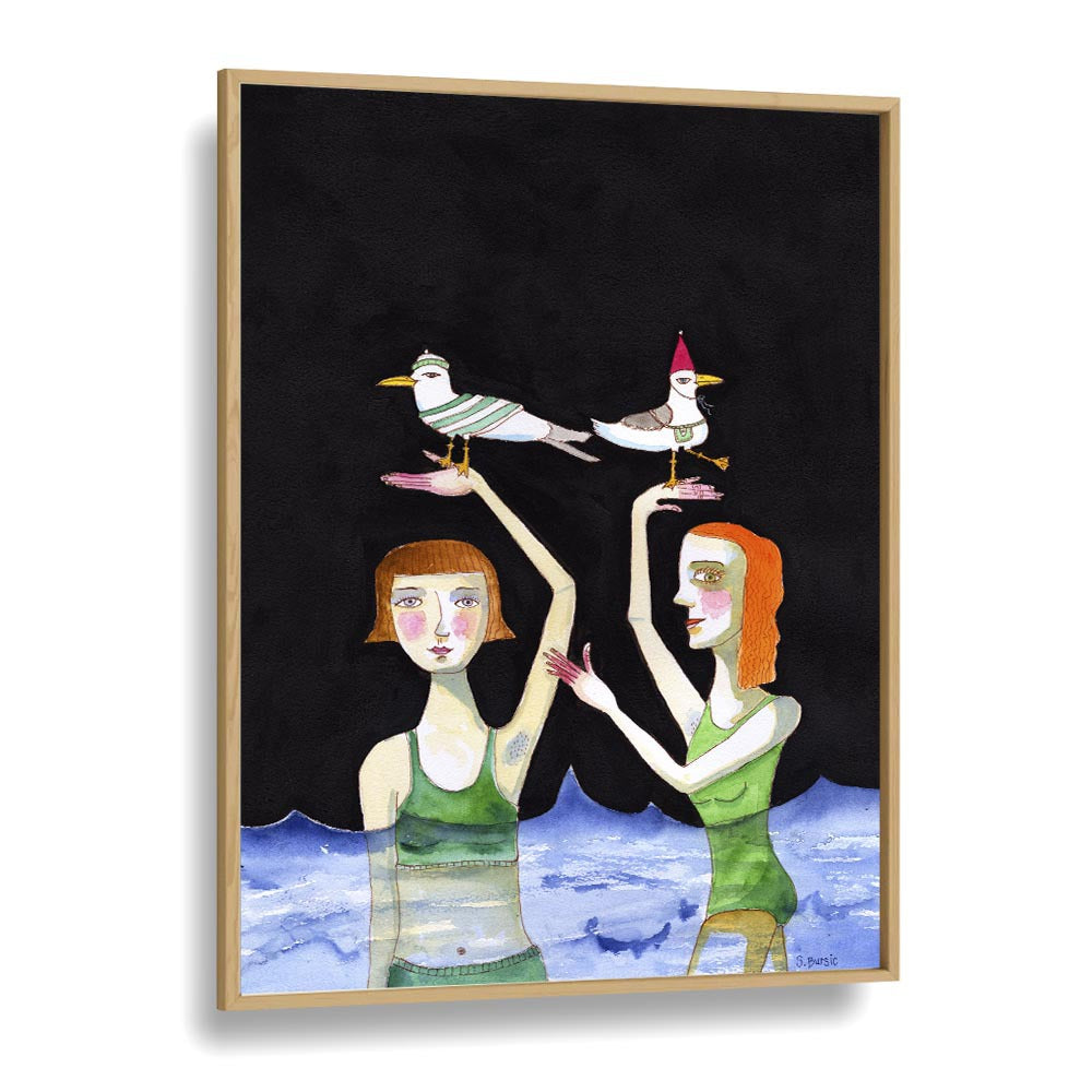 Artistic masterpiece "BEST FRIENDS SWIMMING WITH BIRDS" by Sharyn Bursic captures friendship and whimsy beautifully.