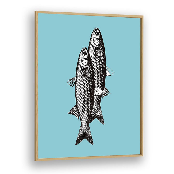 Stylish TWO FISHES, KITCHEN POSTERS framed against a vibrant blue background, perfect for any culinary space.