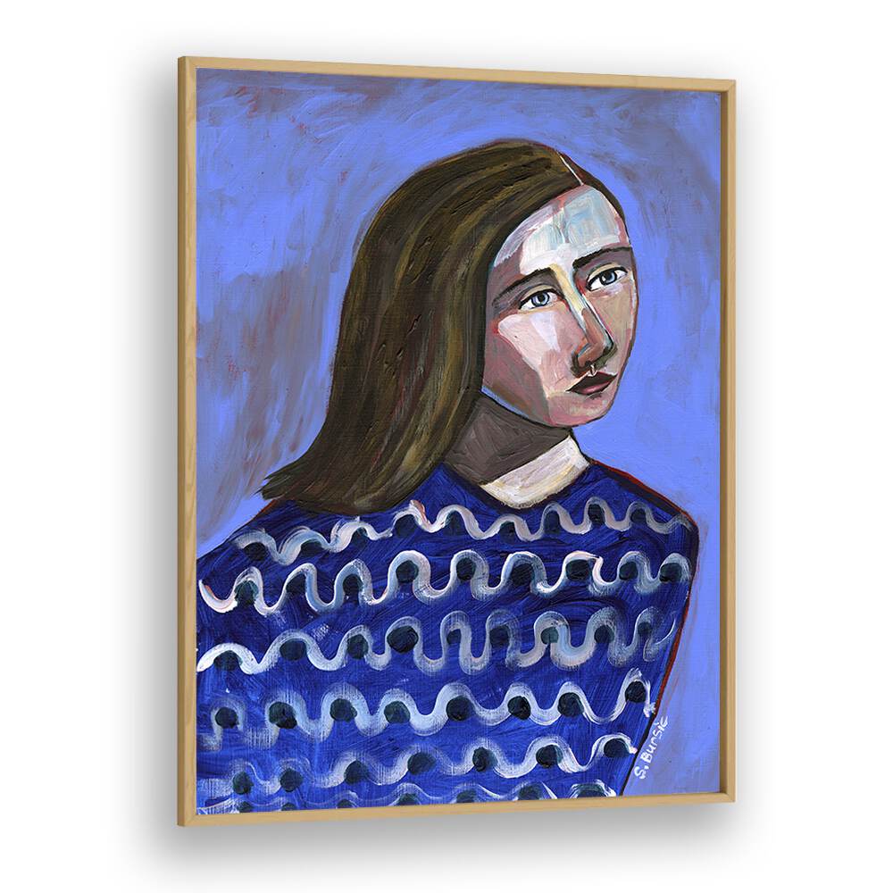 Vintage painting - WOMAN IN BLUE SWEATER NAIVE PORTRAIT FIGURATIVE by Asianmonk