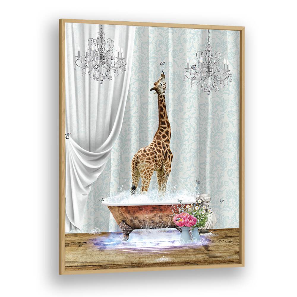 giraffe a bubbles by sue skellern wall art prints in Oak Wood Plain Frame