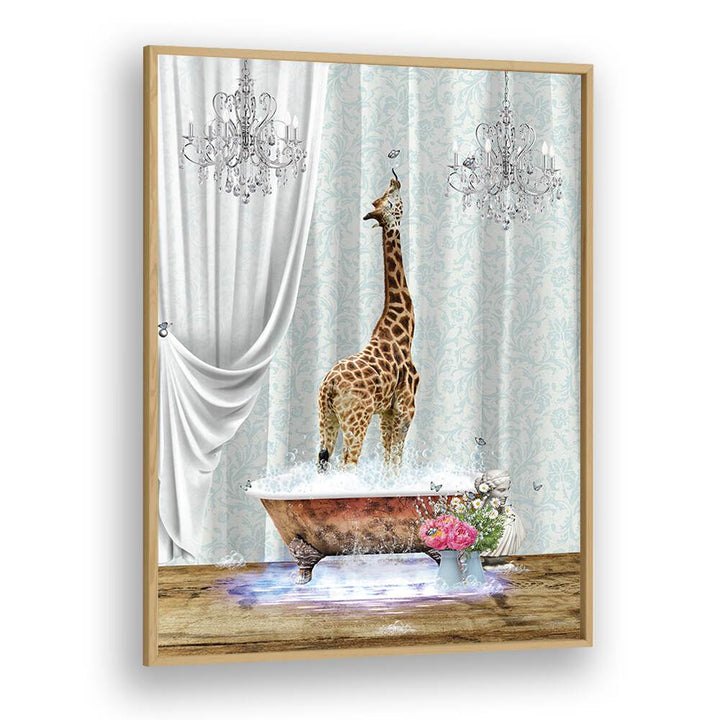 giraffe a bubbles by sue skellern wall art prints in Oak Wood Plain Frame