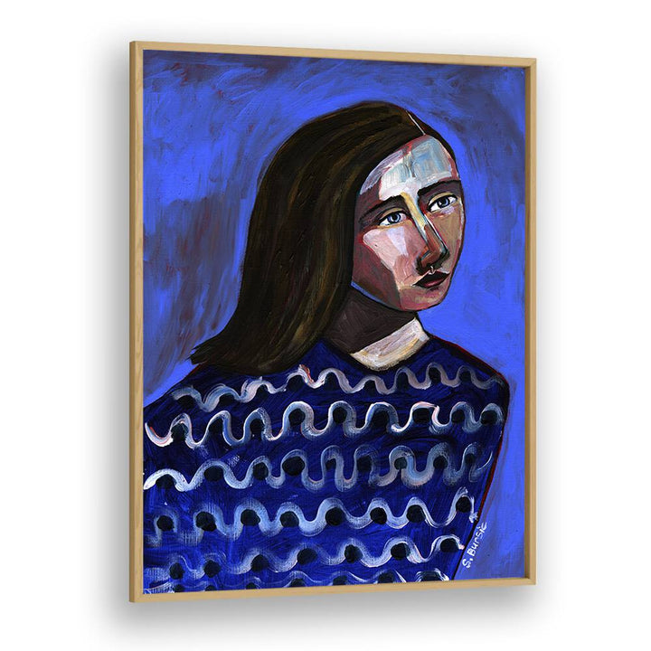 Vintage painting - WOMAN IN BLUE SWEATER NAIVE PORTRAIT FIGURATIVE II by Asianmonk