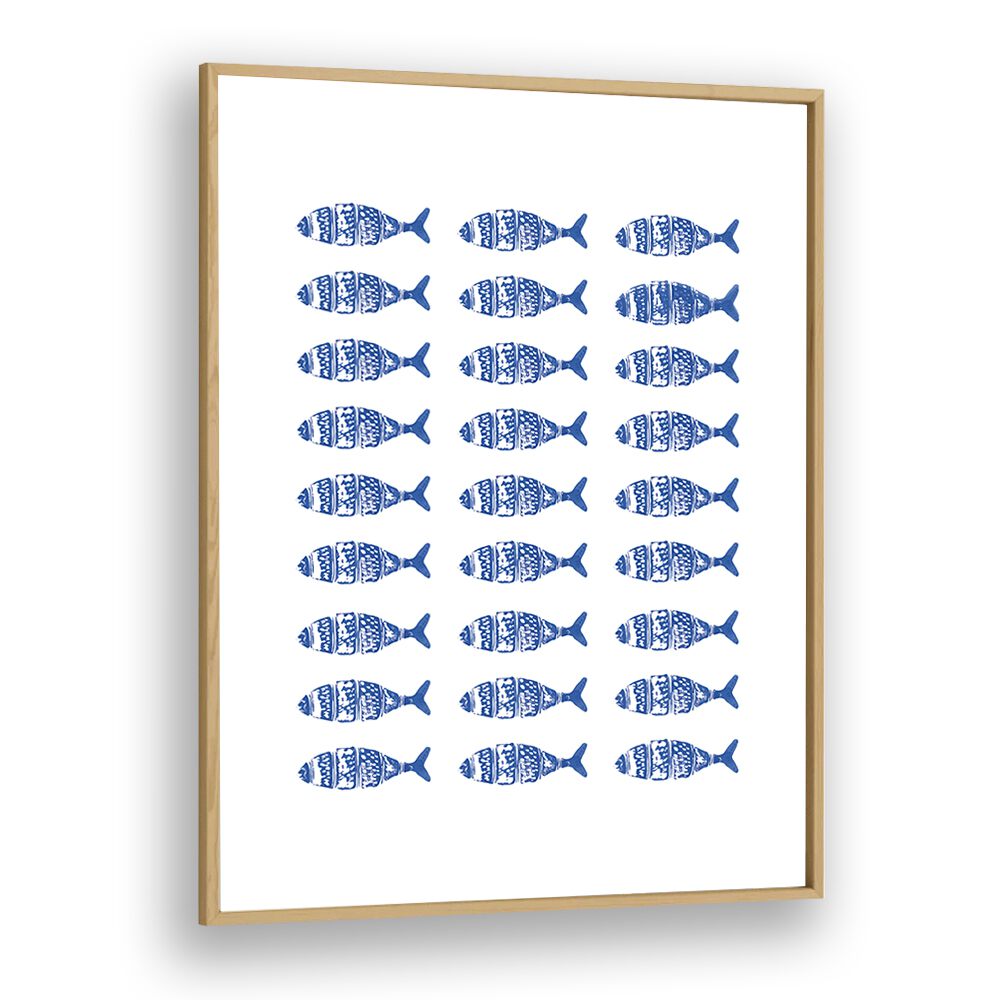 Framed FISH ROW, BEACH PRINTS featuring blue fish patterns, perfect for coastal-themed decor.