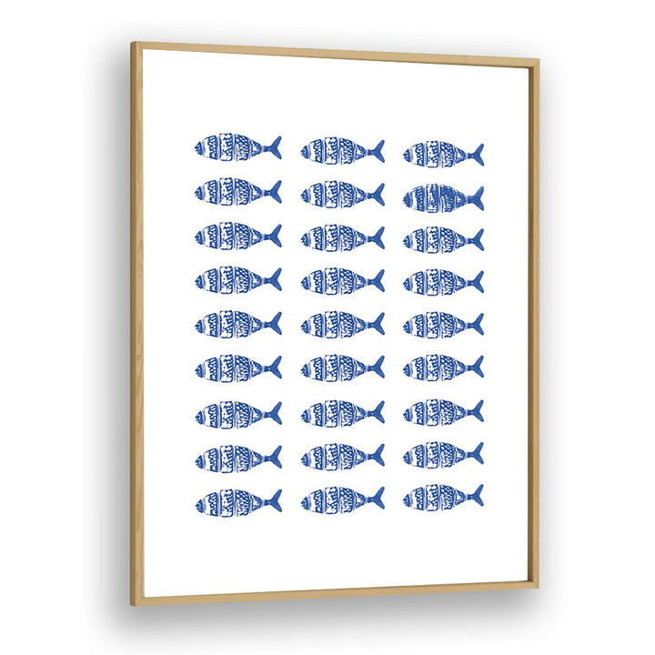 Framed FISH ROW, BEACH PRINTS featuring blue fish patterns, perfect for coastal-themed decor.