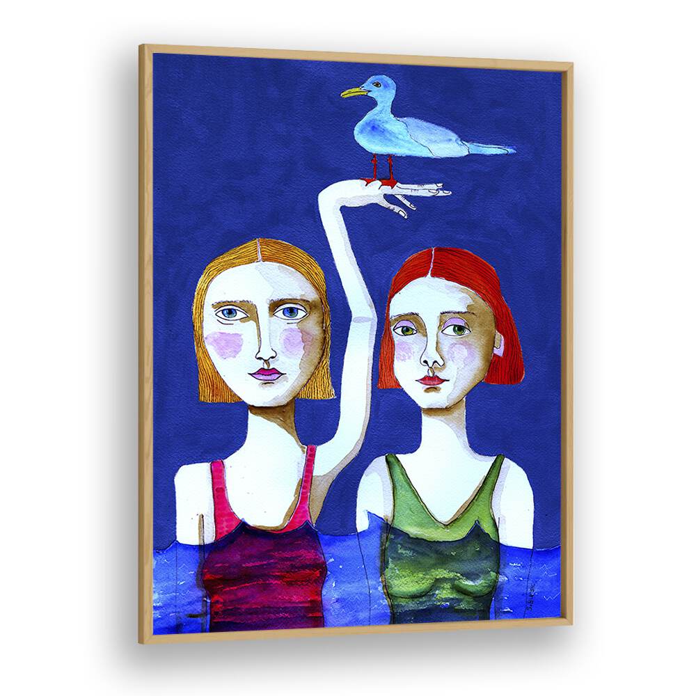 Vintage painting - SWIMMING LADIES WITH BLUE BIRD by Asianmonk