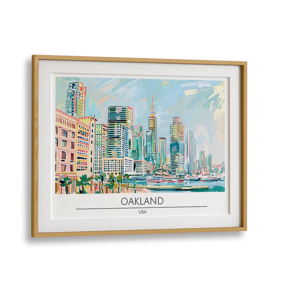 oakland city-usa travel posters in Oak Wood Frame With Mount