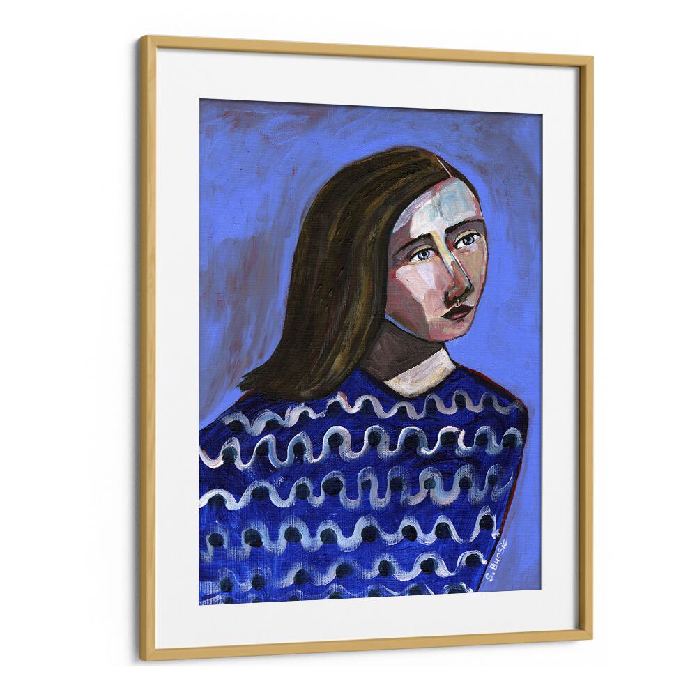 Vintage painting - WOMAN IN BLUE SWEATER NAIVE PORTRAIT FIGURATIVE by Asianmonk