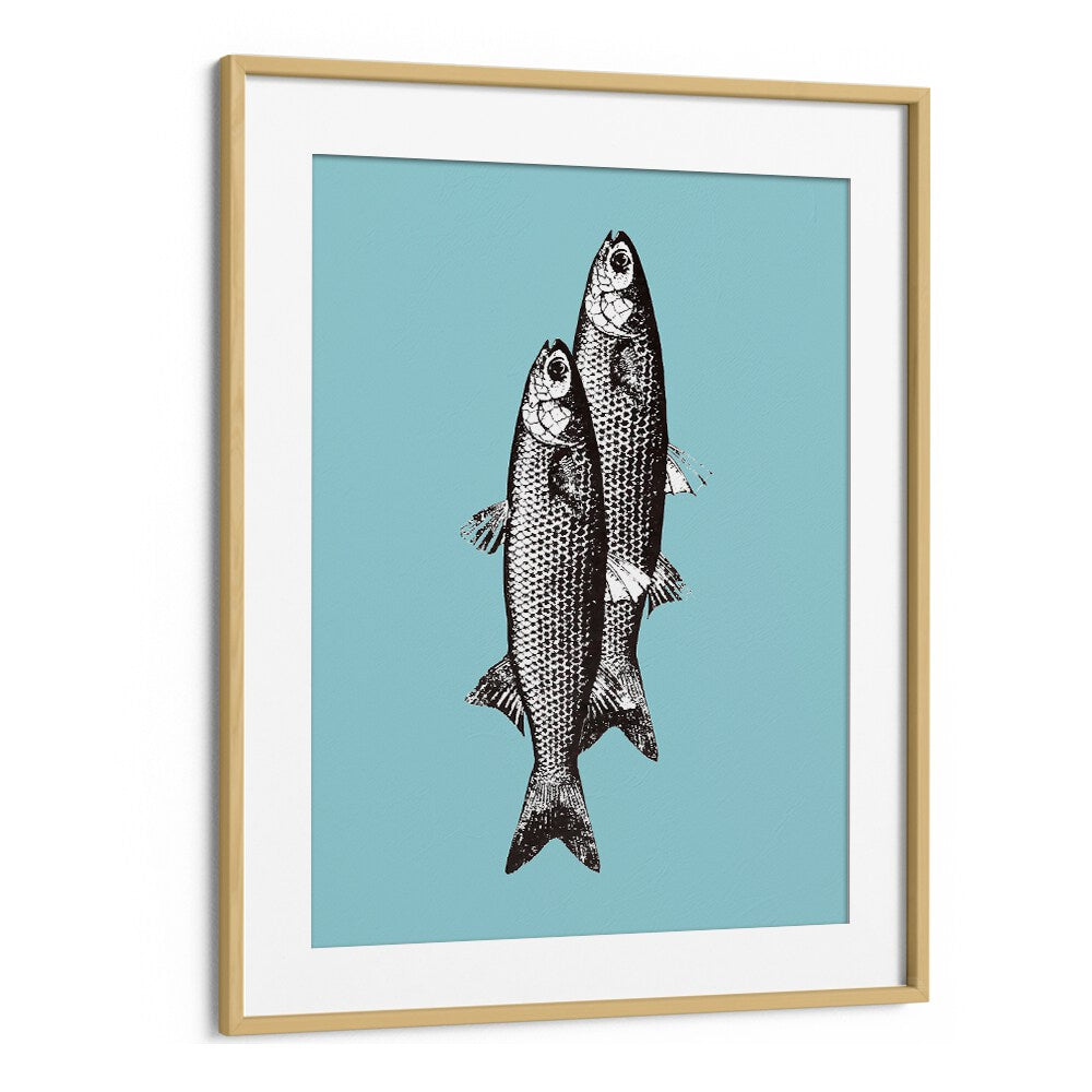Artistic TWO FISHES, KITCHEN POSTERS featuring detailed fish illustrations on a vibrant blue background.