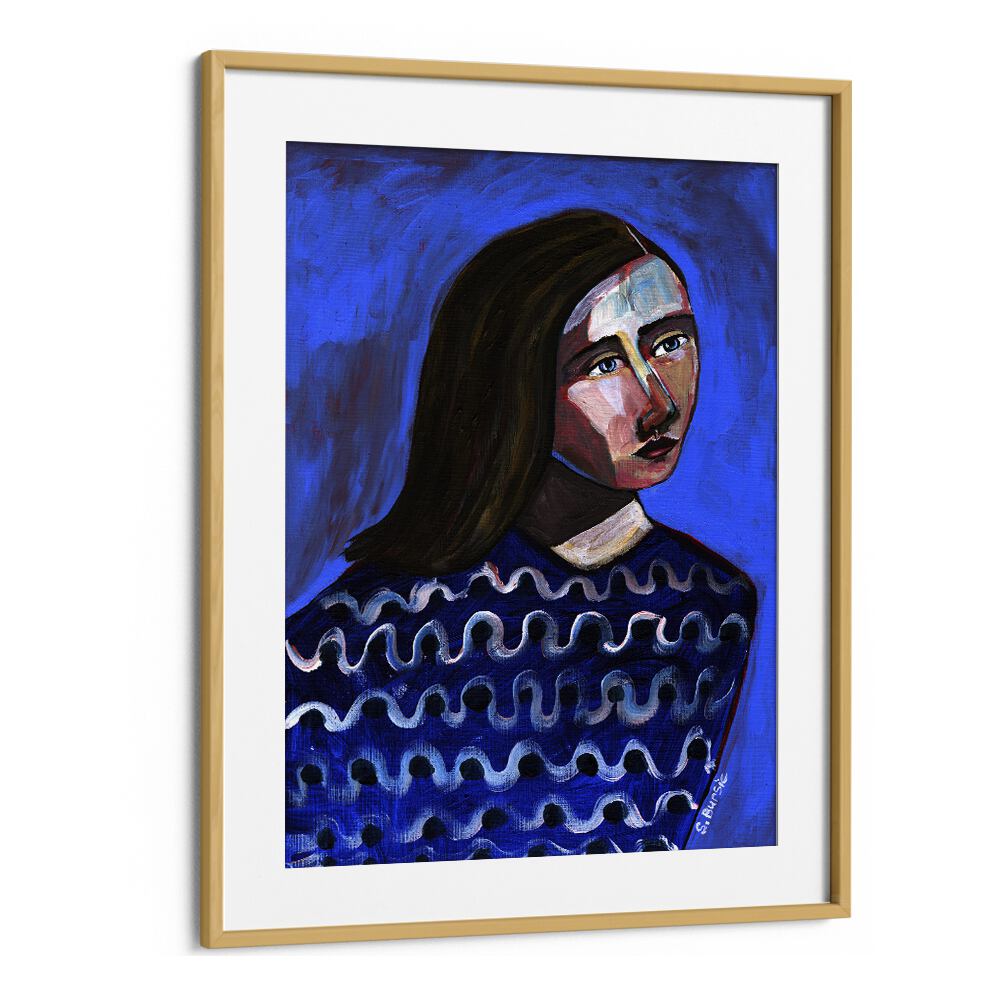 Vintage painting - WOMAN IN BLUE SWEATER NAIVE PORTRAIT FIGURATIVE II by Asianmonk