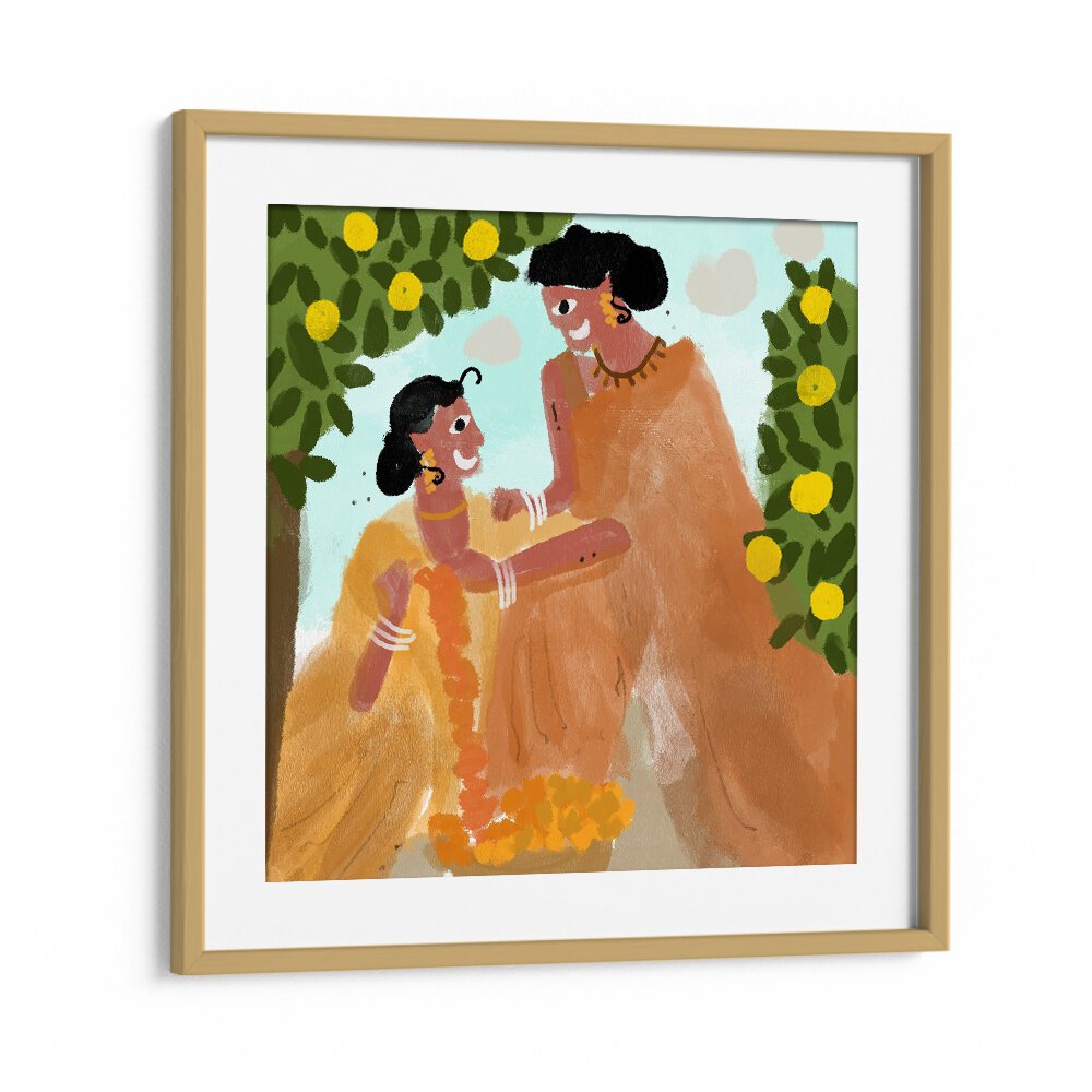 Festive Celebrations By Shreya Roy Chowdary, Indian Art Paintings Artwork in Oak Wood Frame With Mount
