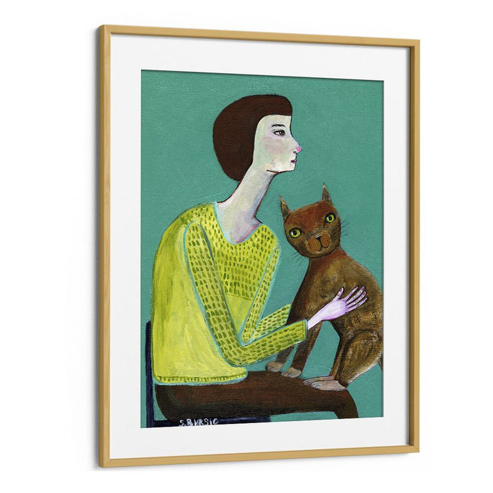 Vintage painting - LADY SITTING WITH BROWN CAT CAT LOVER by Asianmonk