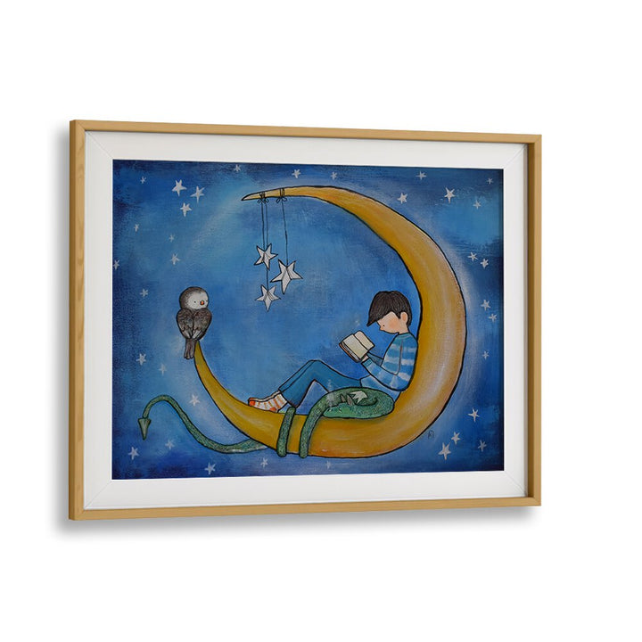 BOY READING ON MOON , KIDS ROOM PAINTINGS