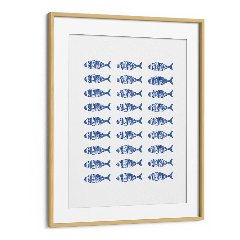 Framed FISH ROW, BEACH PRINTS featuring a charming pattern of blue fish, perfect for coastal décor enthusiasts.