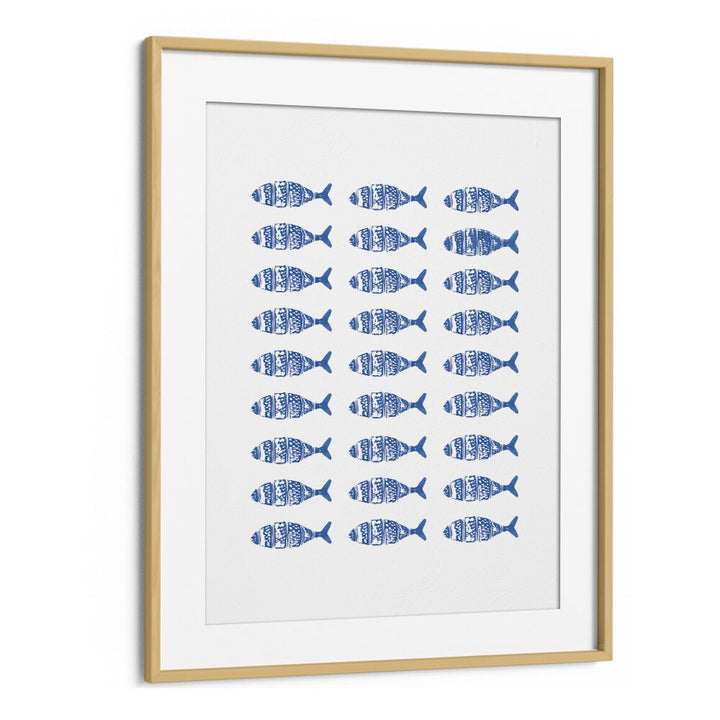 Framed FISH ROW, BEACH PRINTS featuring a charming pattern of blue fish, perfect for coastal décor enthusiasts.