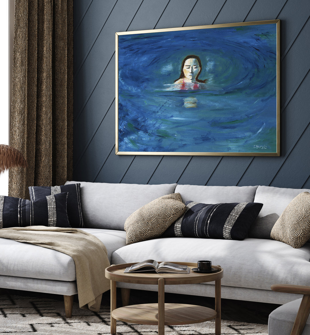 ocean swimmer women illustration paintings Artwork III placed on a wall