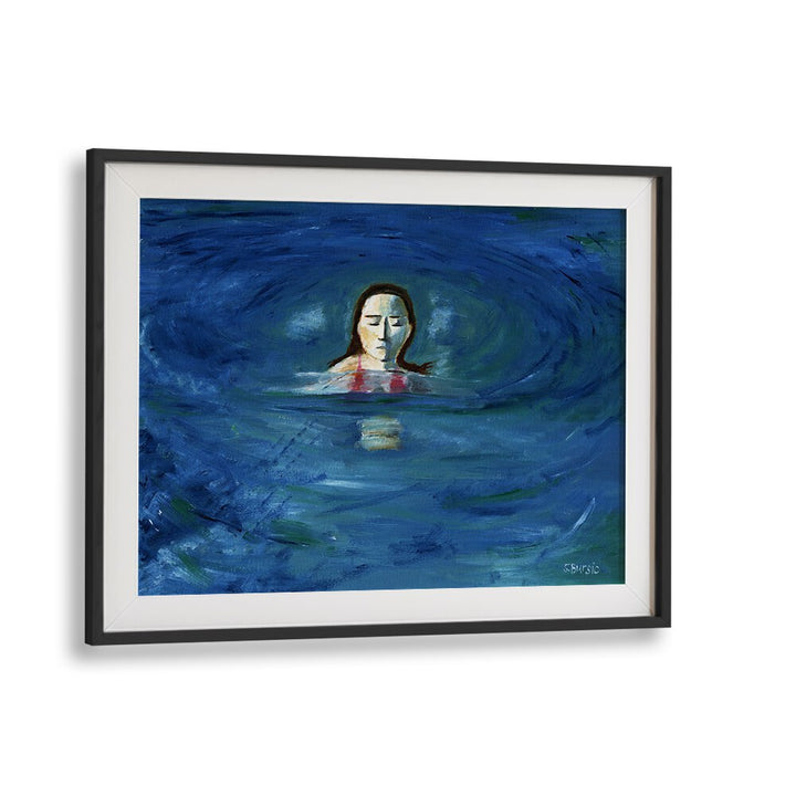 ocean swimmer women illustration paintings in Black Frame With Mount