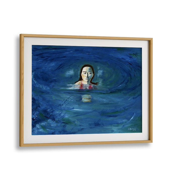 ocean swimmer women illustration paintings in Oak Wood Frame With Mount