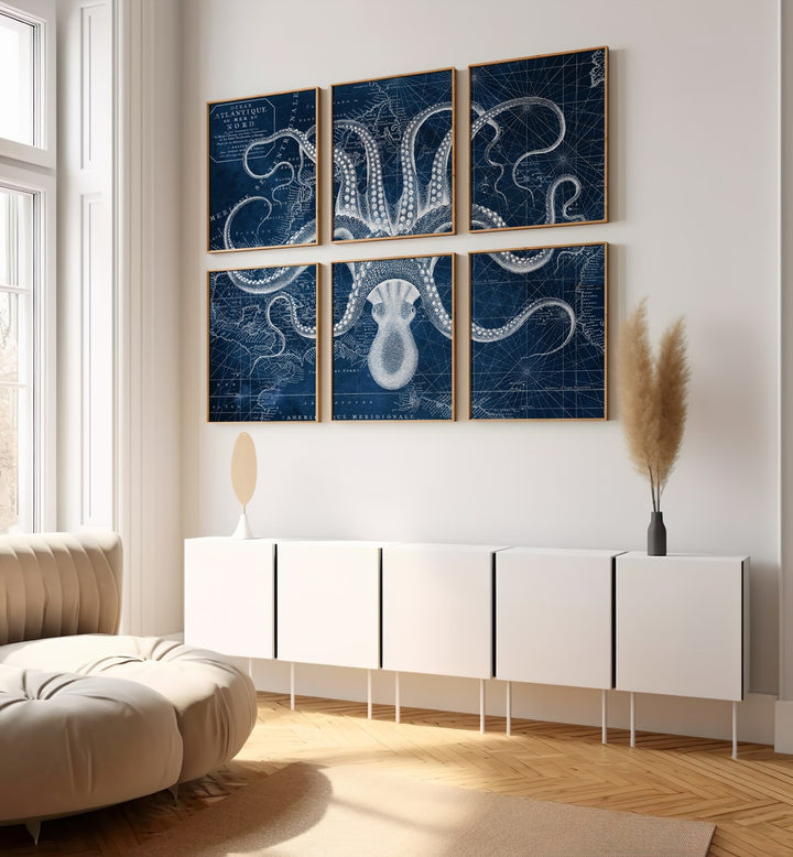 octopus collage gallery wall set of 6  placed on a wall