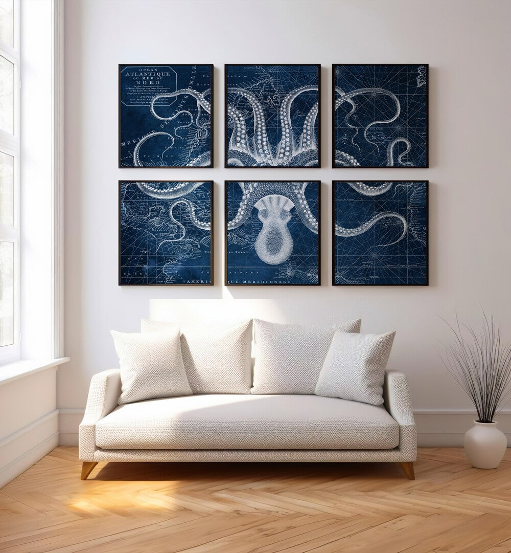 octopus collage gallery wall set of 6  placed on a wall
