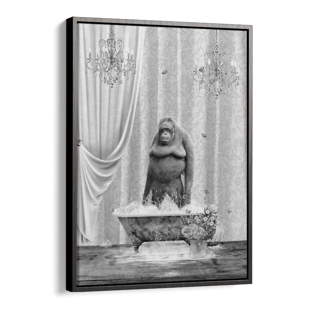 orangutan-bubbles black and white by sue skellern wall art prints in Black Floater Frame