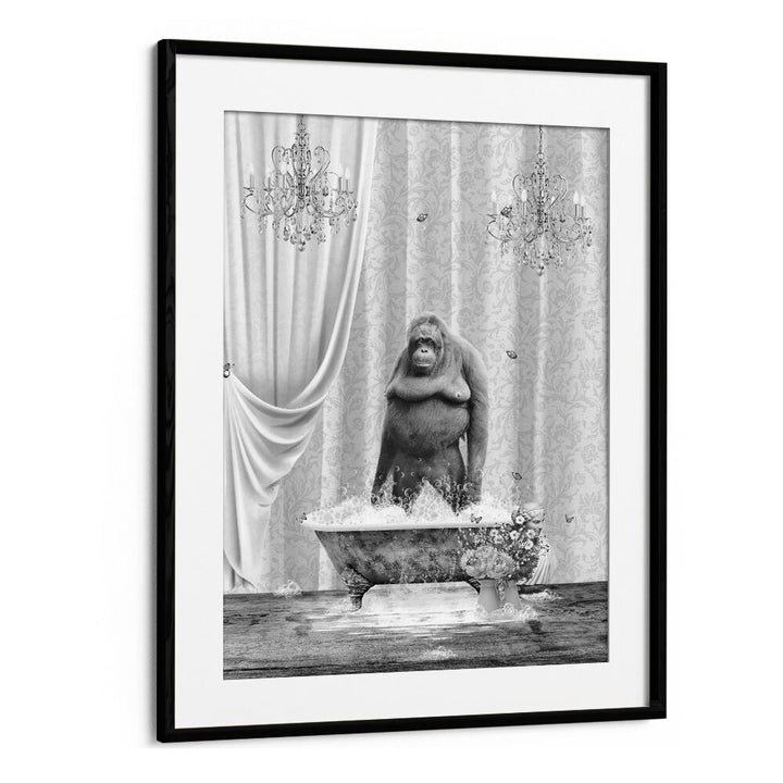 orangutan-bubbles black and white by sue skellern wall art prints in Black Frame With Mount