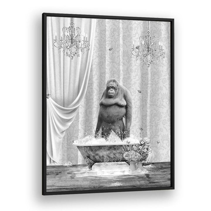 orangutan-bubbles black and white by sue skellern wall art prints in Black Plain Frame