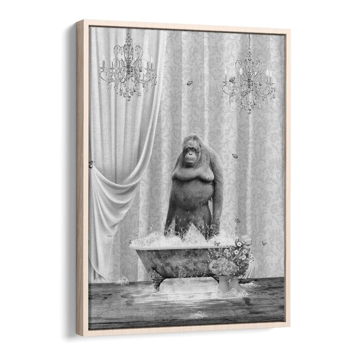 orangutan-bubbles black and white by sue skellern wall art prints in Oak Wood Floater Frame