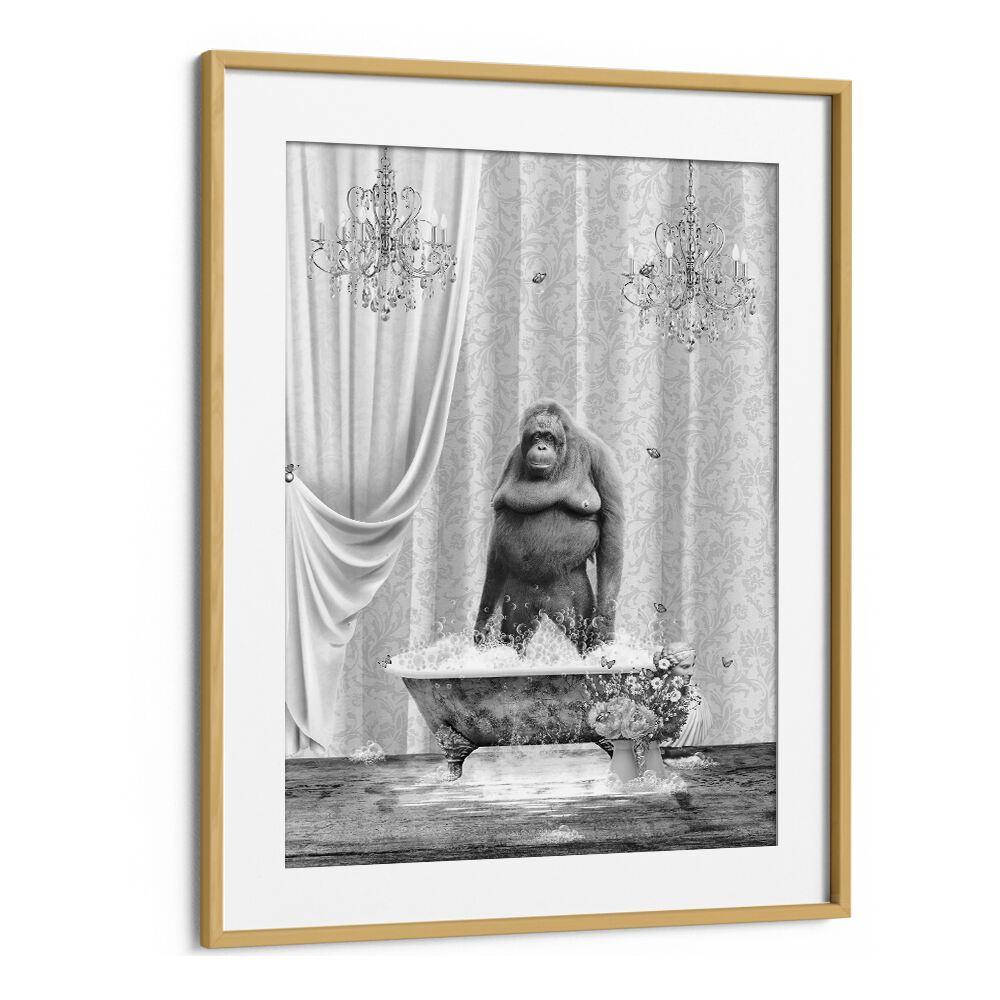 orangutan-bubbles black and white by sue skellern wall art prints in Oak Wood Frame With Mount