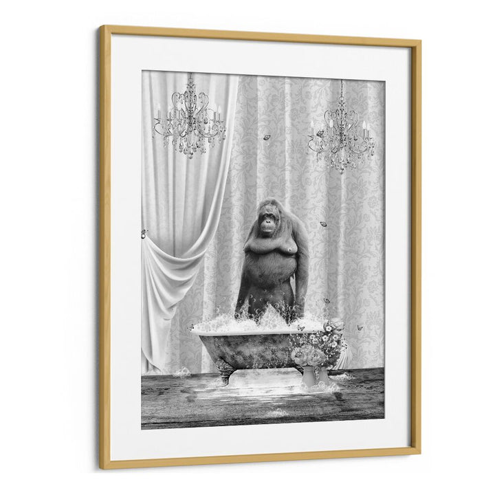 orangutan-bubbles black and white by sue skellern wall art prints in Oak Wood Frame With Mount