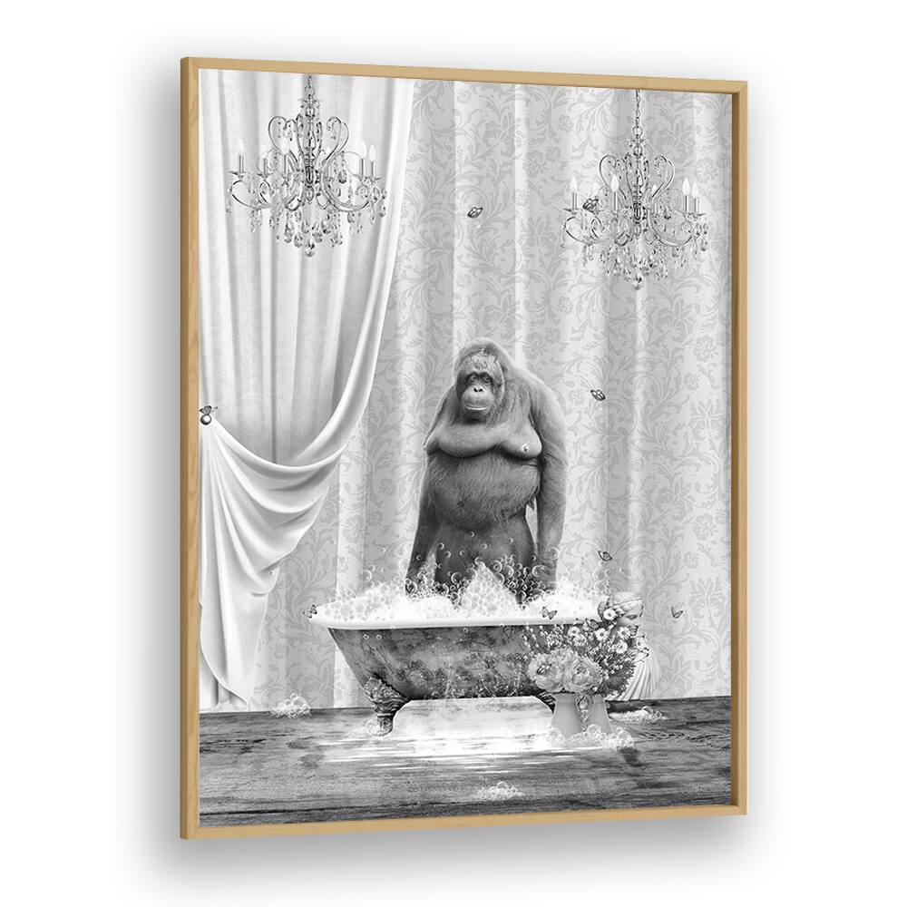 orangutan-bubbles black and white by sue skellern wall art prints in Oak Wood Plain Frame