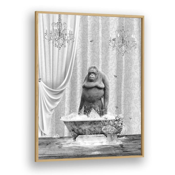 orangutan-bubbles black and white by sue skellern wall art prints in Oak Wood Plain Frame