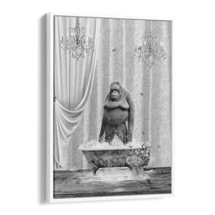 orangutan-bubbles black and white by sue skellern wall art prints in White Floater Frame