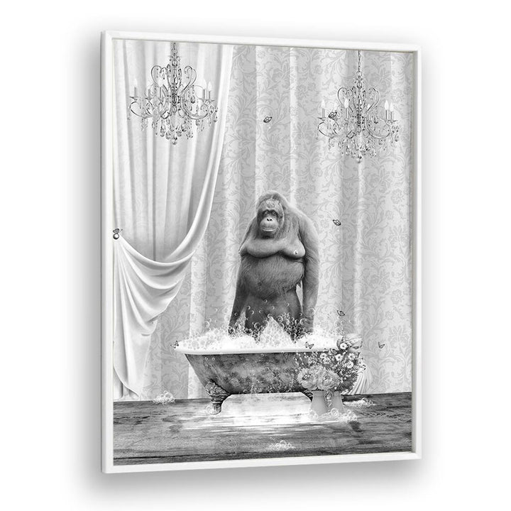 orangutan-bubbles black and white by sue skellern wall art prints in White Plain Frame