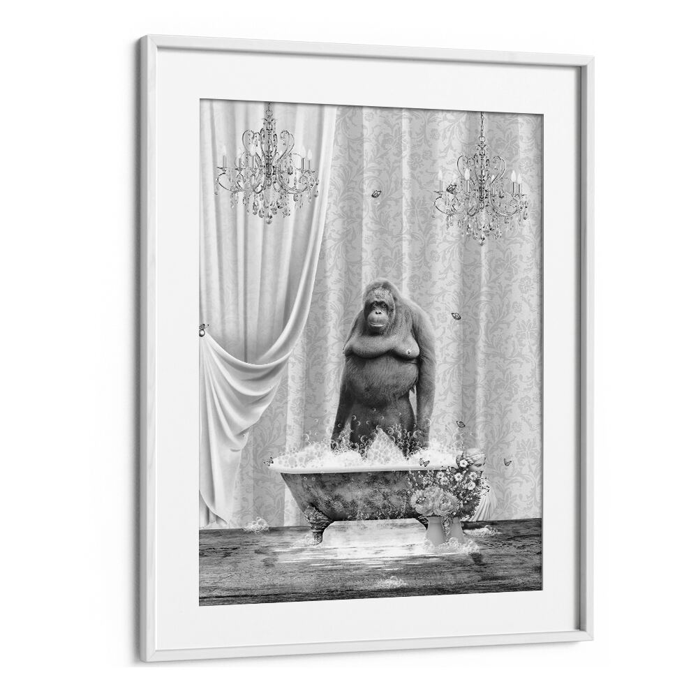 orangutan-bubbles black and whiteby sue skellern wall art prints in White Frame With Mount