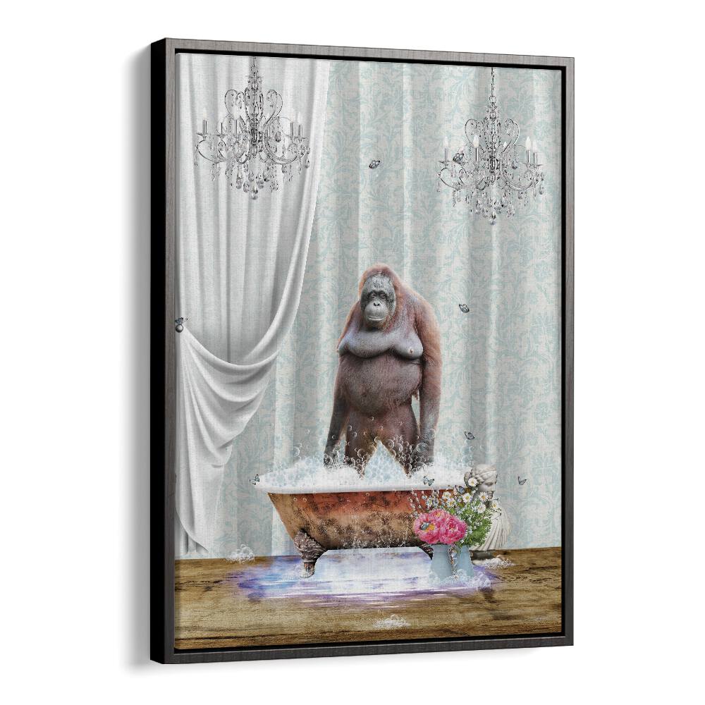 orangutan-bubbles by sue skellern wall art prints in Black Floater Frame