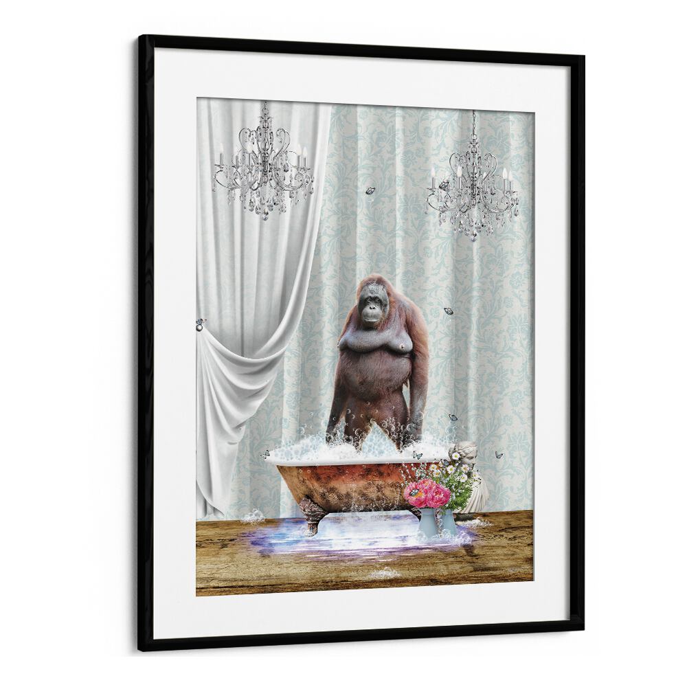 orangutan-bubbles by sue skellern wall art prints in Black Frame With Mount