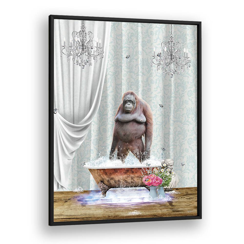 orangutan-bubbles by sue skellern wall art prints in Black Plain Frame