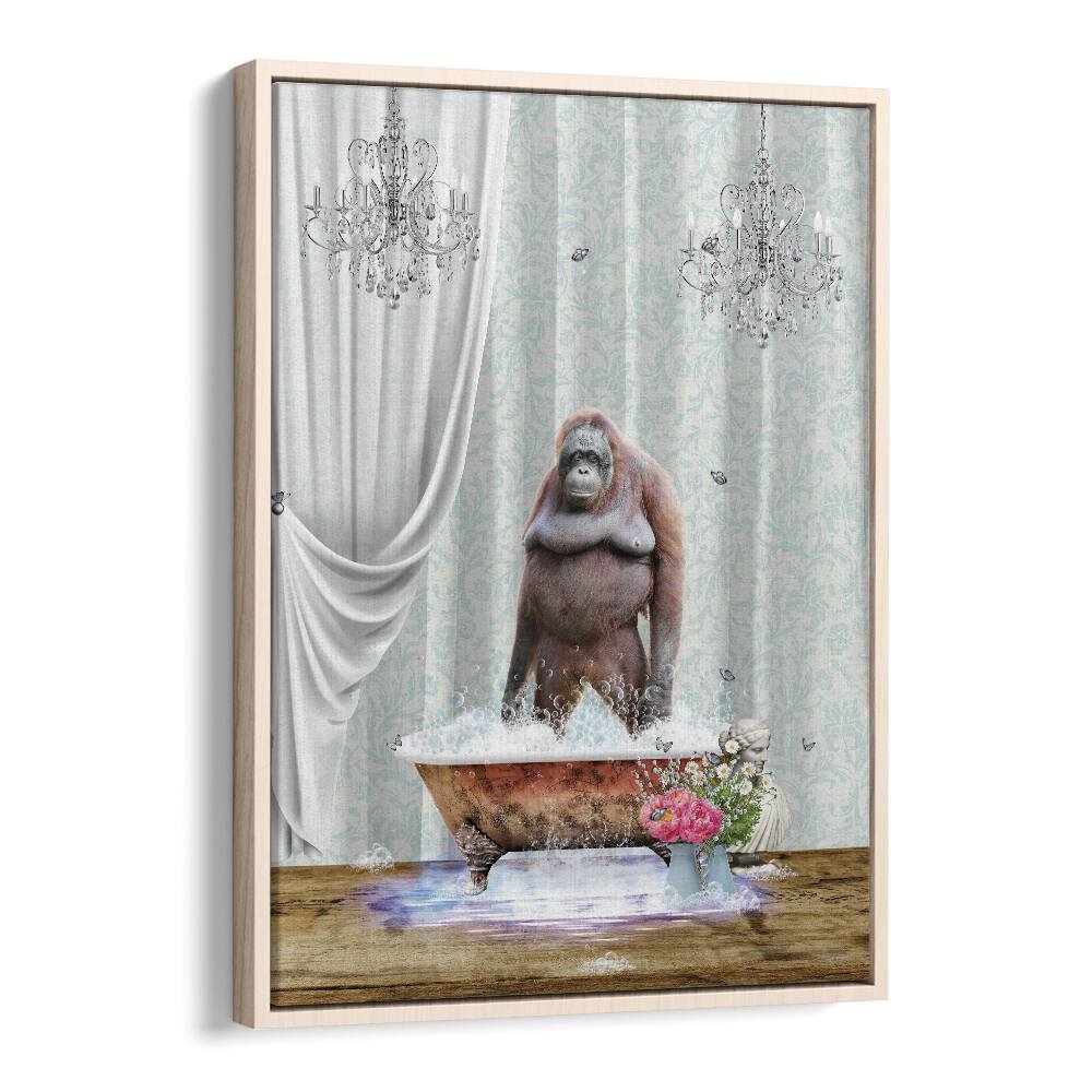 orangutan-bubbles by sue skellern wall art prints in Oak Wood Floater Frame